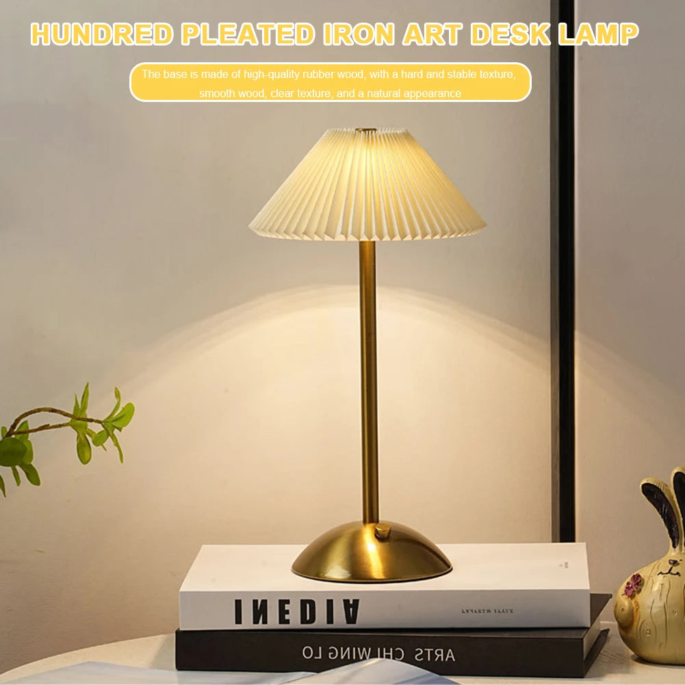 Nordic Pleated Table Lamp USB Charging Art Atmosphere Lamp Modern Style with Metal Base for Bedroom Living Room Decor