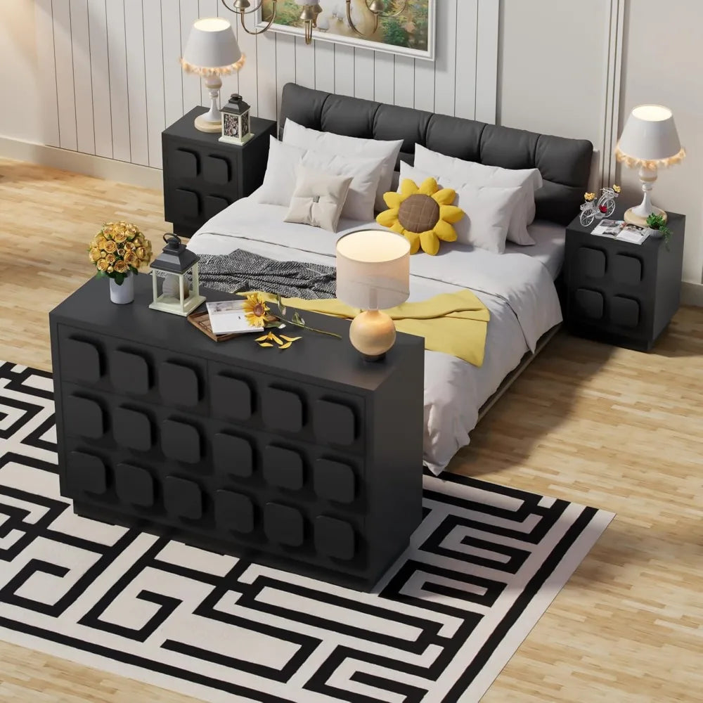 3 Pcs Bedroom Sets, Large 6 Drawer Dresser and Night Stand Sets for Bedroom with Chocolate Handle, Two Drawers Nightstand Set o