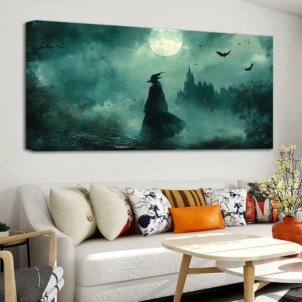 Halloween Moonlight Witch Canvas Poster With Wood Frame