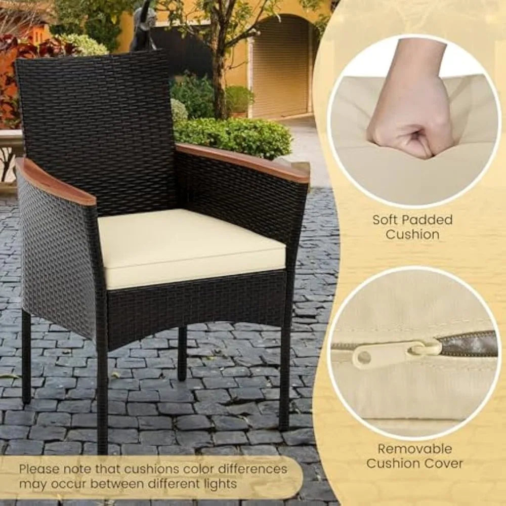 Outdoor Dining Set for 6, PE Rattan Wicker Patio Furniture Set with Wood Table & Cushioned Armchairs, 1.96'' Umbrella Hole, Pat