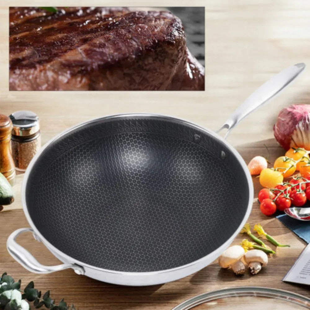 34cm Stainless Steel Cooking Wok Pan - Non-Stick Coated Frying Pan with Tempered Glass Lid - Healthy Fry Pan for Chinese Cooking