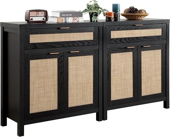 Sideboard Buffet Storage Cabinet Set of 2, Rattan Credenza Buffet Table, Bohemian Organizer w/ Glass Doors & Adjustable Shelves