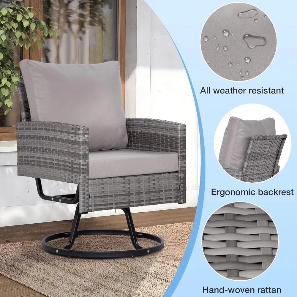 3 Pieces Swivel Patio Furniture Set,Outdoor Wicker Bistro Set with Glass Coffee Table and Thick Cushions for Garden, Balcony