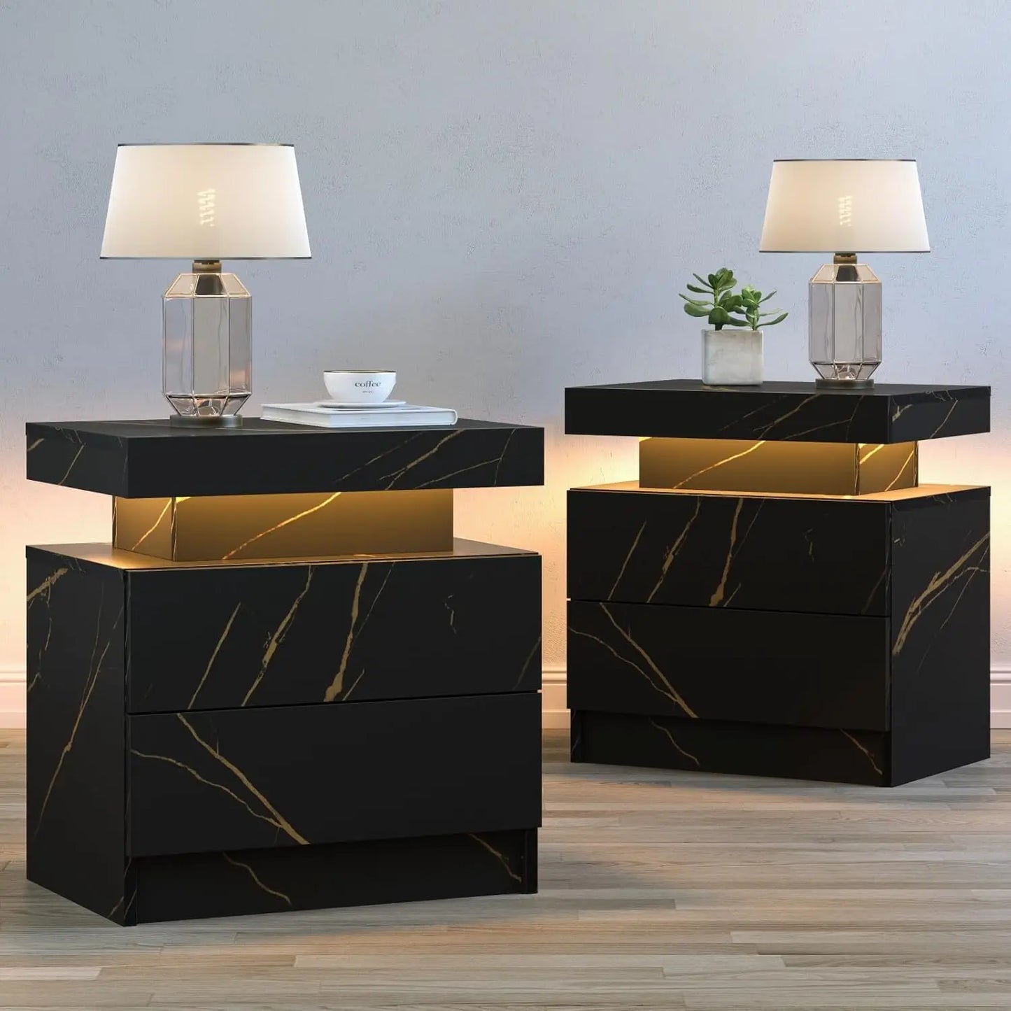 Modern Black LED Nightstand Set of Two for Bedroom