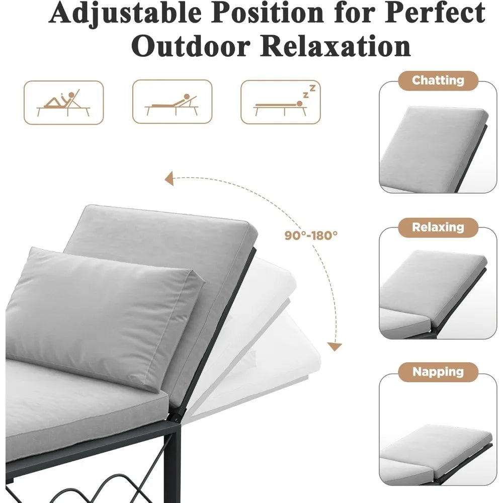 Outdoor Metal Chaise Lounge Chair, Convertible Patio Armchair with Cushions, Adjustable 5-Position Sun Recliner