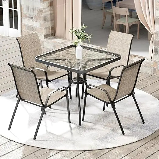 5 Piece Outdoor Patio Dining Set (Umbrella not Included), Porch Furniture with 4 Textline Chairs, 1 Square Glass Table for Gard
