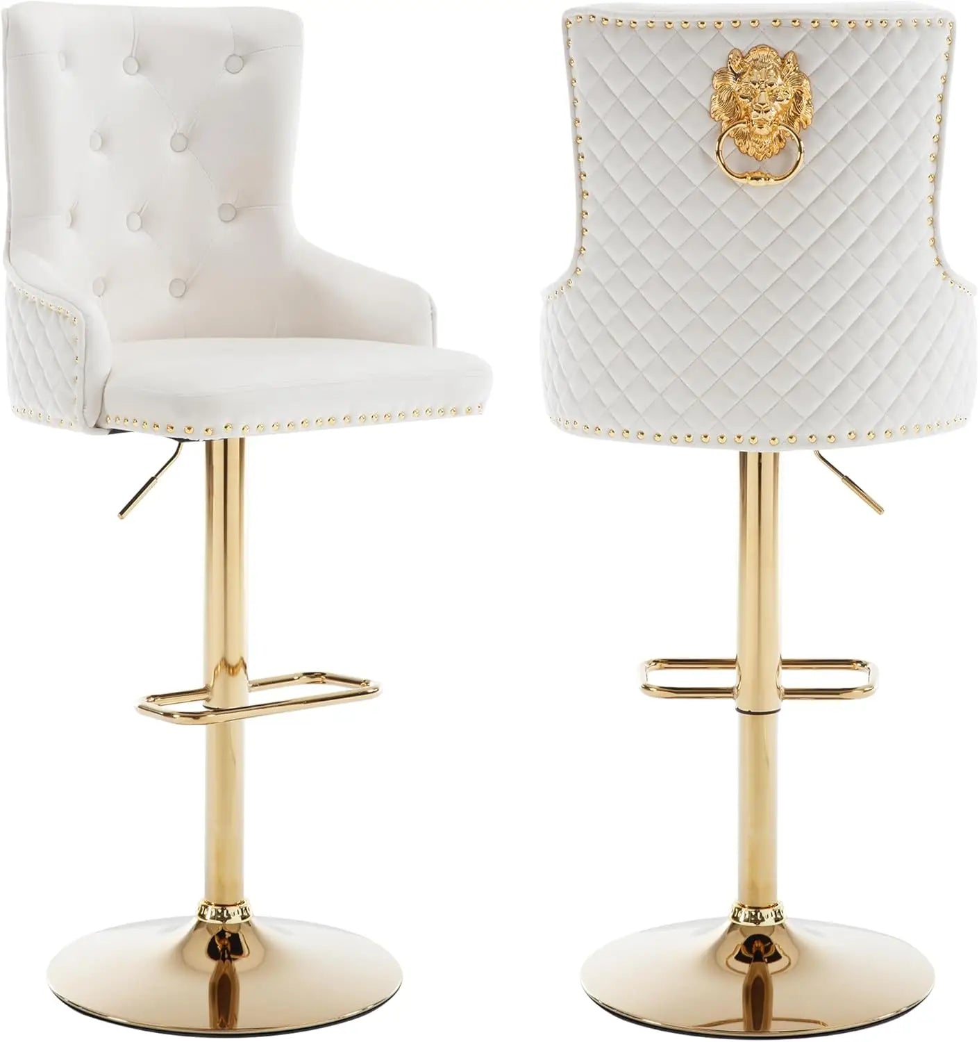 Bar Stools Set of 2, Golden Base Counter Height Stools with Footrest, Velvet Adjustable Swivel Kitchen Island Chair with Uphols