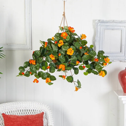 22” Nasturtium Artificial Faux Plant in Hanging Basket Home Decor.