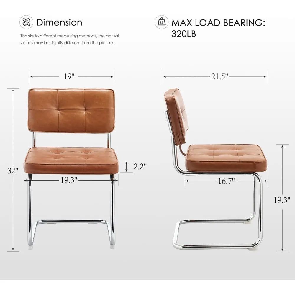 Mid Century Modern Upholstered Leather Dining Chairs, Set of 2 with Stainless Steel and Chrome Legs