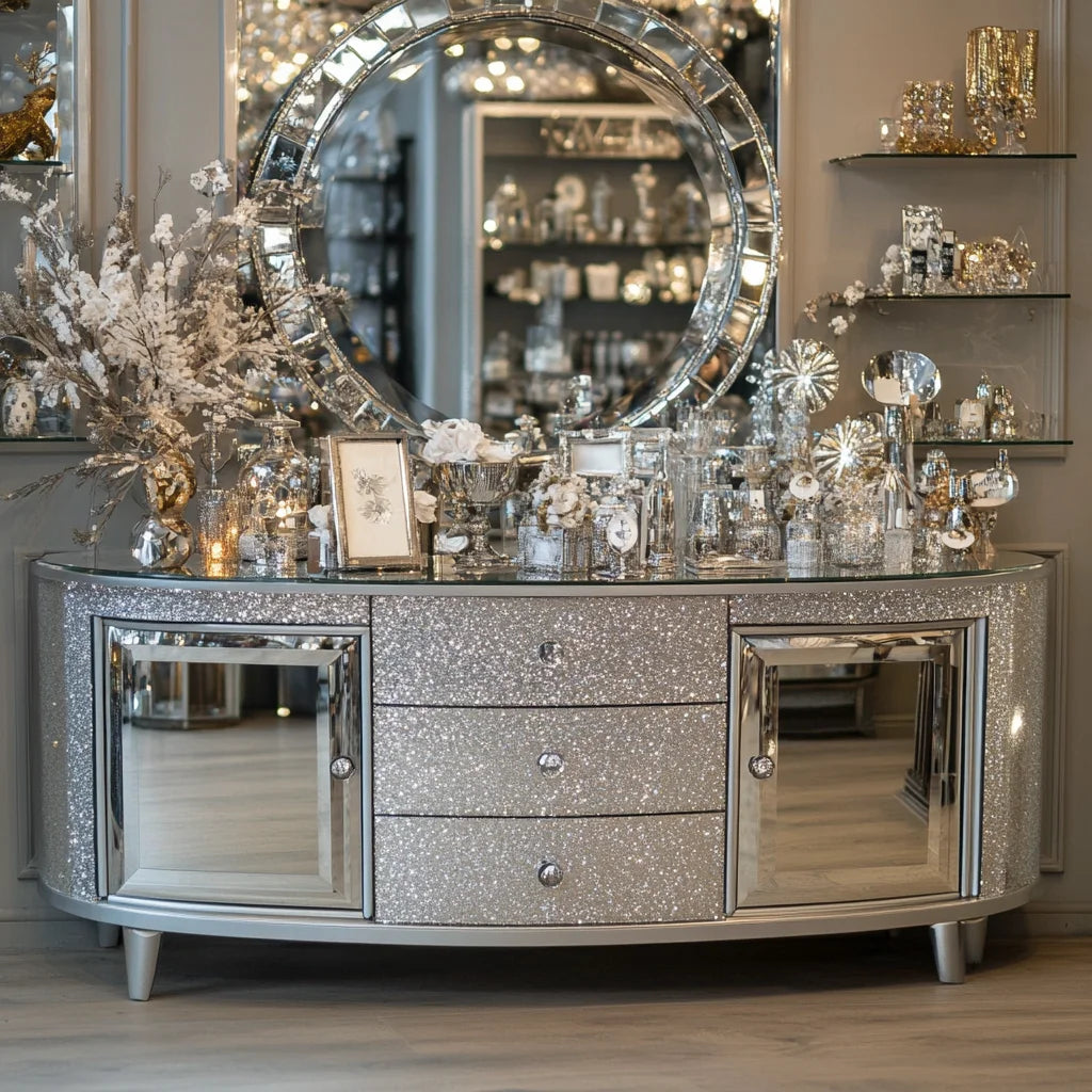 XMSJ Floating Crystal Mirrored Diamond TV Cabinet Stand