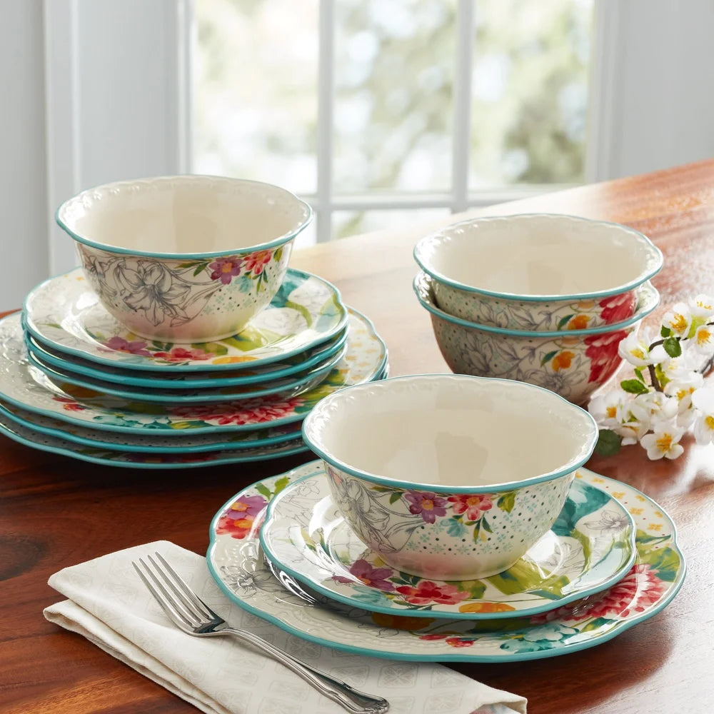 Blooming Bouquet 12-Piece Dinnerware Set Stoneware Plates Bowls Dishwasher Safe Floral Pattern Everyday Dining Table Setting