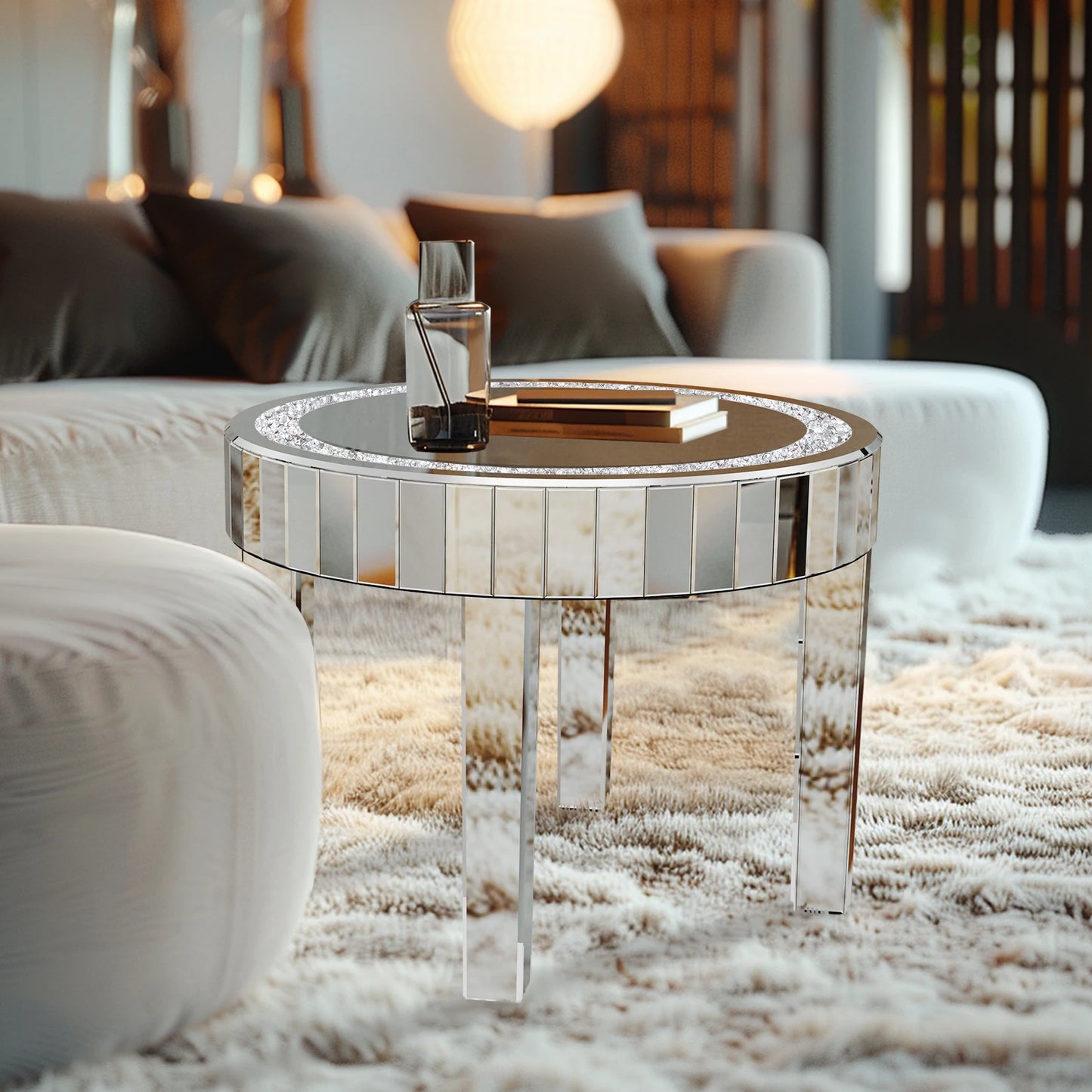 LUVODI Luxury Round Mirrored Side Table Diamonds Inlay
