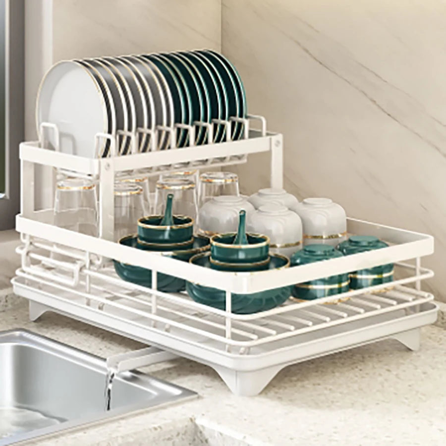 Double-layer dish drying rack suitable for kitchen countertops, capable of holding bowls platesknives cups and cutting boards