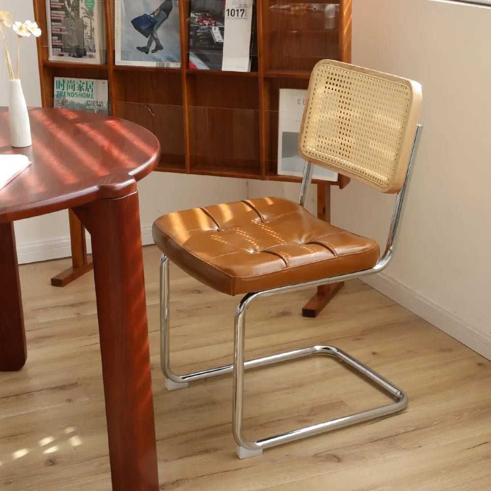 Mid Century Style Rattan Chairs Set of 2, Faux Leather Woven, Solid Wood Backrest, Chrome Metal Legs Dining Chairs