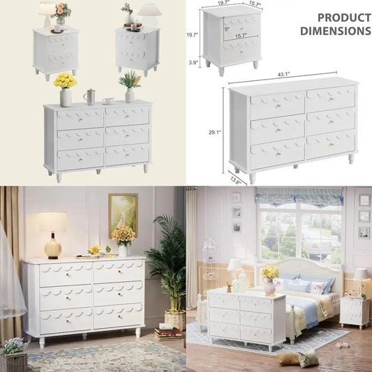 Scalloped 6 Drawer Dresser And Two Nightstands White Set