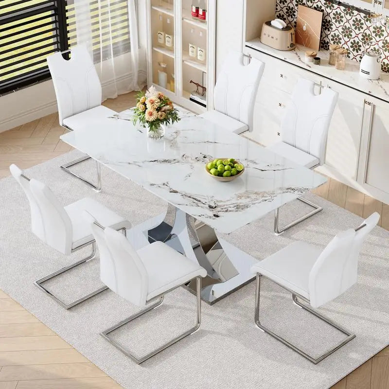 63-Inch Modern Dining Table Set with 6 Upholstered Chairs, White Tempered Glass Top & Adjustable Stainless Steel Base,