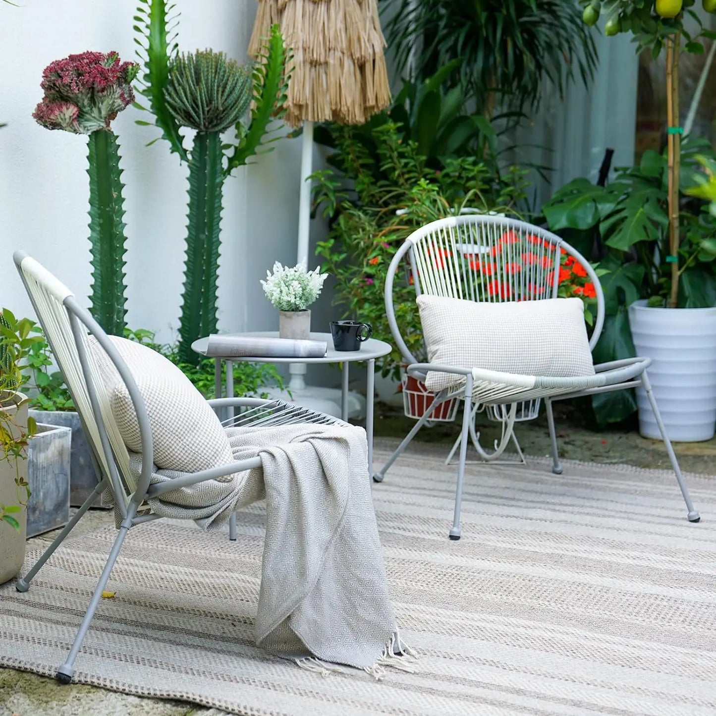 3-Piece Outdoor Acapulco Chair Set, Patio Conversation Low Seat Bistro Sets with Wicker Rope Coffee Table and 2 Chairs