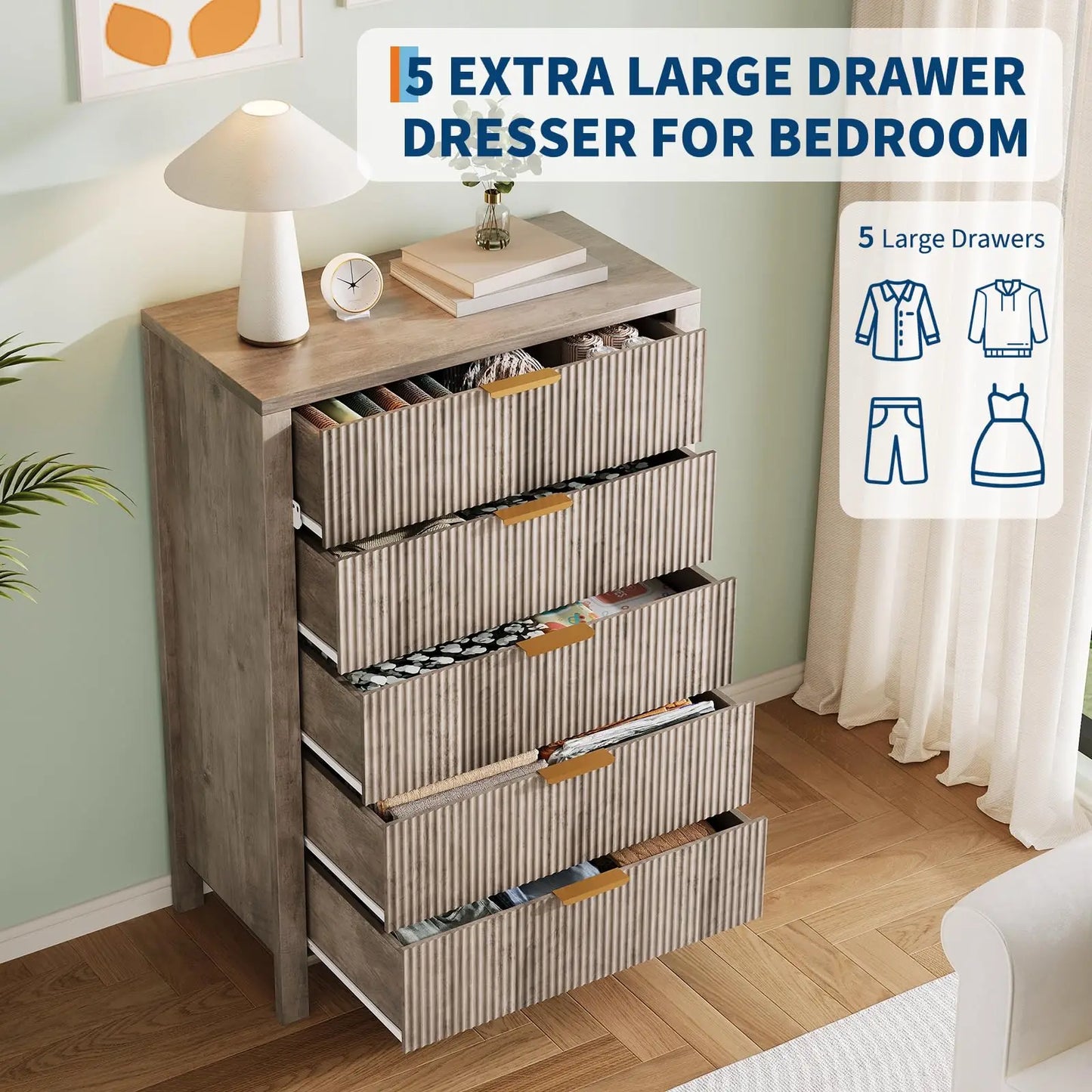 5-Drawer Tall Oak Dresser With Gold Handles, Modern Wood Storage Cabinet Organizer For Bedroom, Living Room, Hallway & Entryway