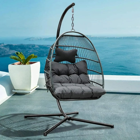 Foldable Rattan Wicker Swing Chair with Cushion and Pillow