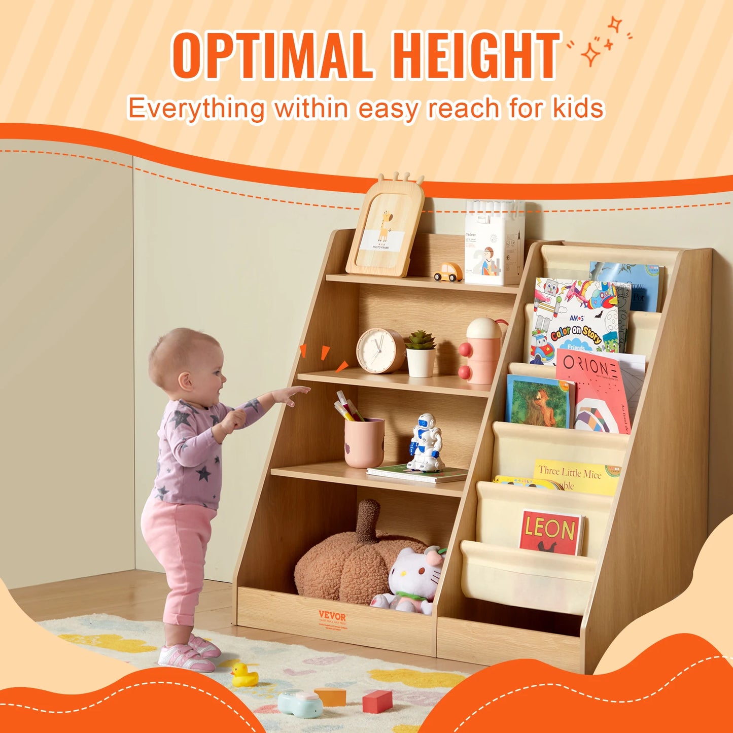SucceBuy 4-Tier Kids Wooden Bookshelf Six-Layer Sling Bookcase  Storage Book Rack for Kids Room Playroom Kindergarten Nursery