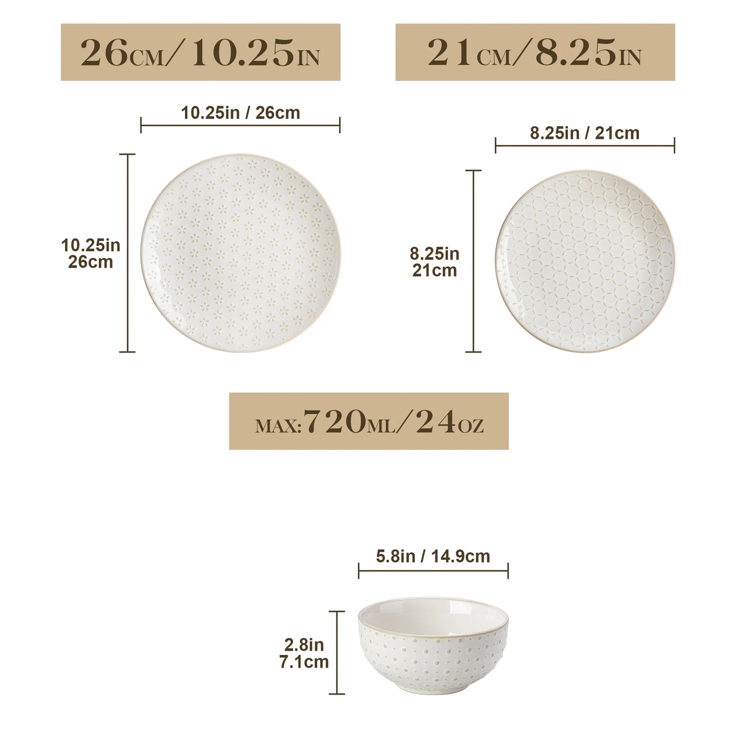 MALACASA LYDIA 12/16 Piece Ceramic Dinnerware Set Modern Relief Design with 4/8 pcs Dinner Plate/Dessert/Soup/Cereal Bowl