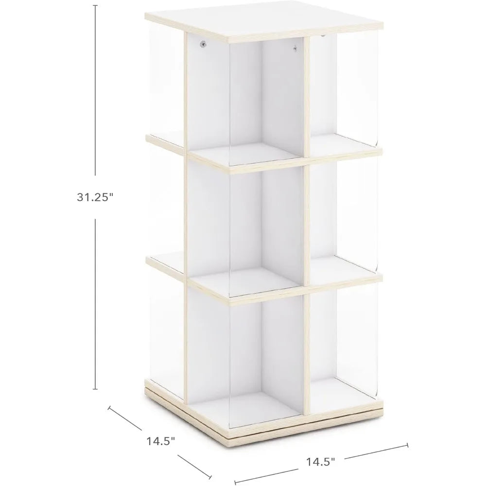 EdQ Rotating Book Display - White: Spinning Plywood Storage Bookshelf with Acrylic Windows for Kids Classroom, Playroom, or Bed
