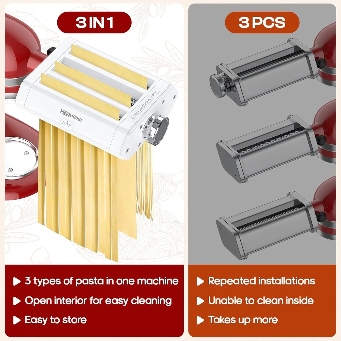 3-in-1 Pasta Maker Attachment for Stand Mixers, Includes Spaghetti, Fettuccine Cutter and Sheet Roller