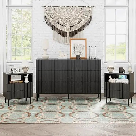 3 Piece Dresser and Nightstand Sets for Bedroom, 43" Matching 6 Drawer Dresser & Nightstand Set of 2, Modern Fluted Solid Wood