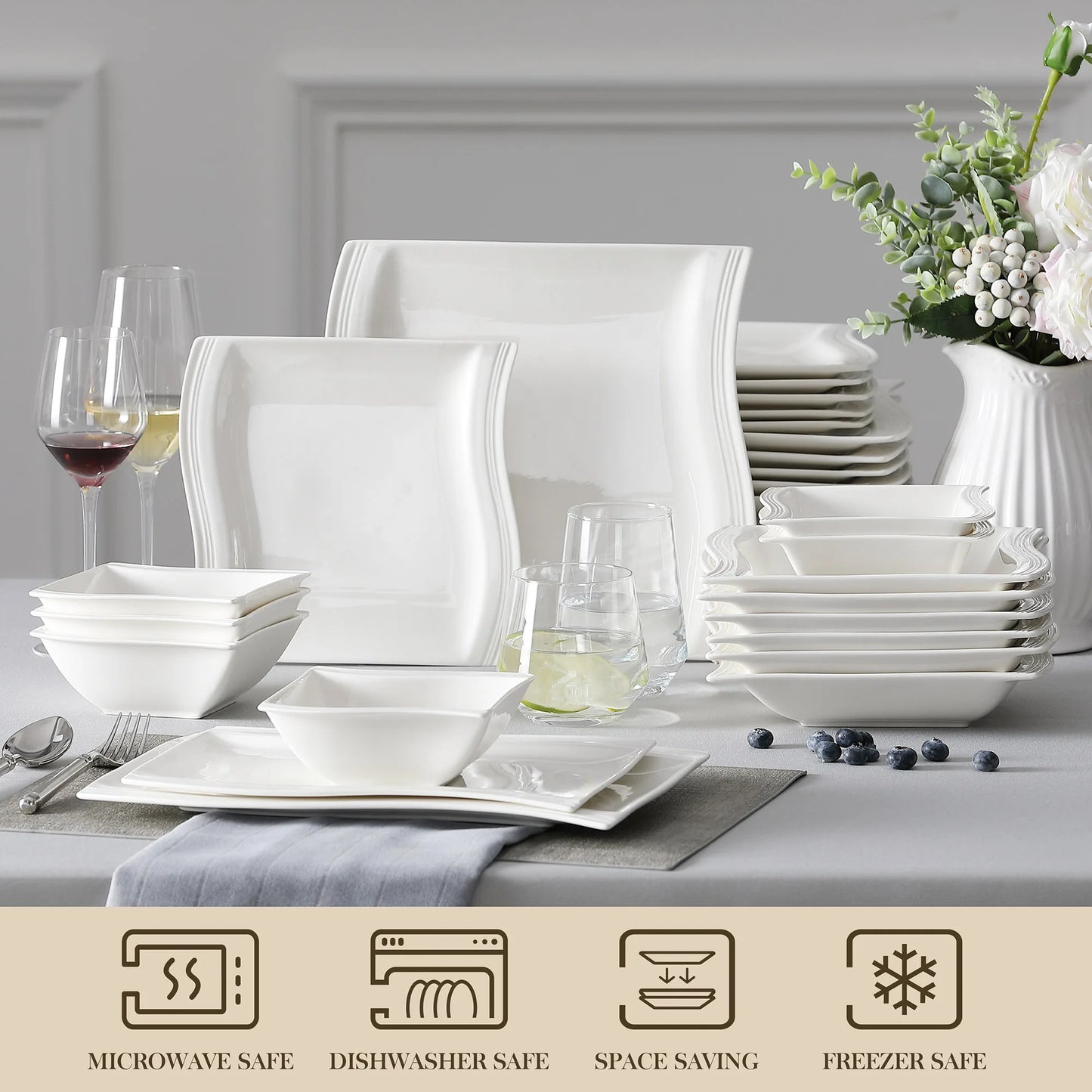 MALACASA Flora 26-Piece Porcelain Dinner Set with Bowls Dessert Soup Dinner Plates Rectangular Plates Set Service for 6 Person