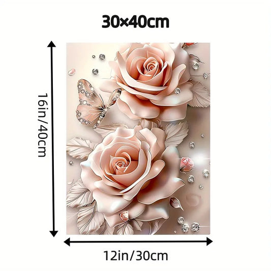 Dream Pink Rose Butterfly Diamond Canvas Wall Art Framed