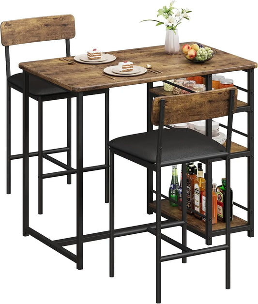 3-Piece Bar Table and Chairs Set with 3 Tier Storage Shelves, Dining Table Set for 2 with PU Cushion Bar Chairs & & MDF Board To