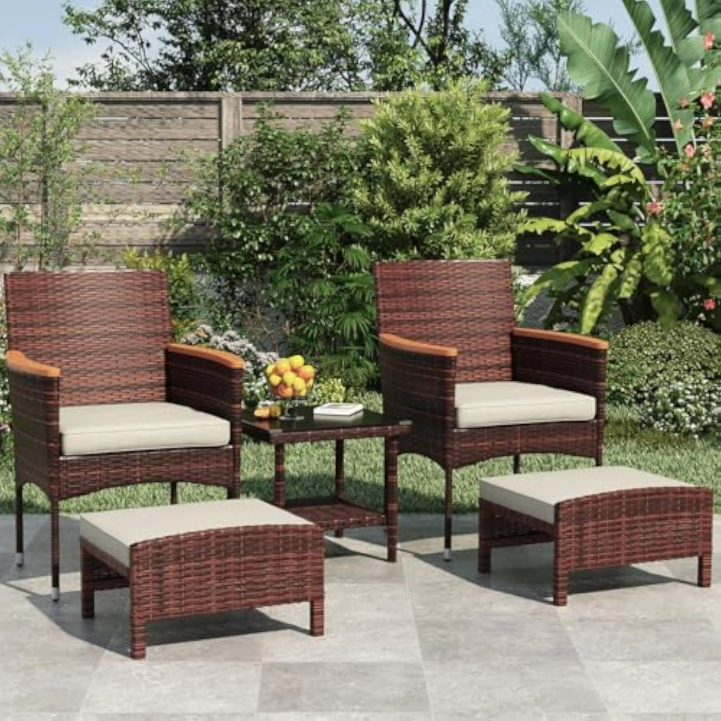 Outdoor Patio Furniture Set with Table & ottoman, 5 Piece Wicker Patio Sets with cushion, Outdoor Furniture Patio Set