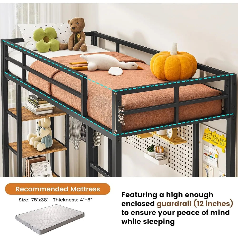 Loft Bed Twin Size with Desk and Charging Station Metal Twin Loft Bed with LED Lights, 4 Storage Shelves & 2 Fabric Drawers, Tw