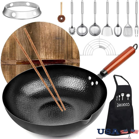 14 Piece Wok Pan Set with Wooden Lid Spatula Brush Kitchen Cookware Stir Fry Utensils Chinese Cooking Essentials