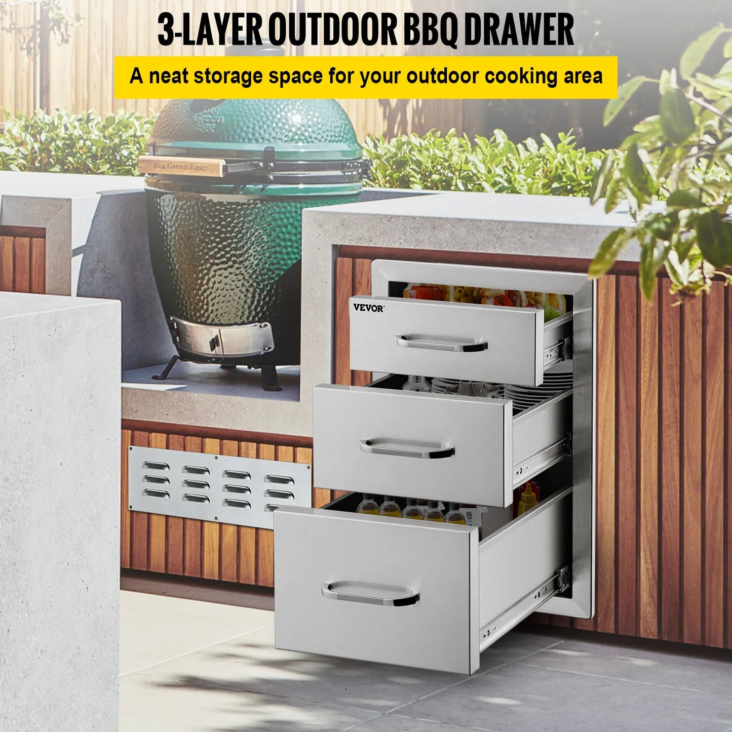 SucceBuy Stainless Steel Outdoor Kitchen Drawer With Handle Triple Layer for BBQ Island Grilling Cabinet Storing Cookware