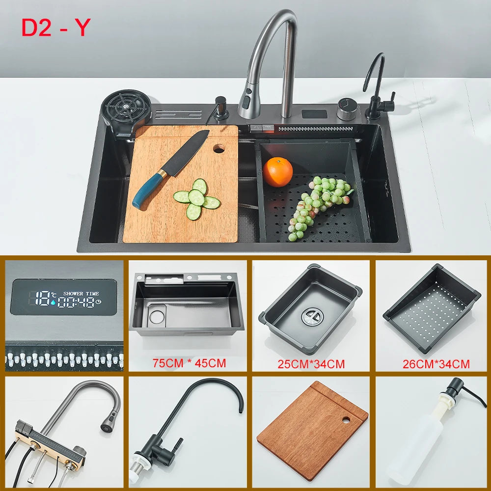 Multifunctional Kitchen Waterfall Sink Digital Display Large Single Gray Sink Dish Basin Sink 304 Stainless Steel