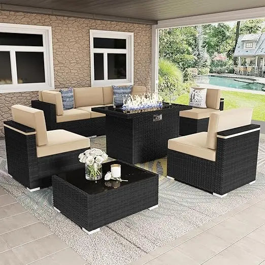 8 Pieces Patio Furniture Set with 44" Propane Gas Fire Pit Table, Outdoor Sectional Wicker Conversation Sofa Sets with Coffee Ta