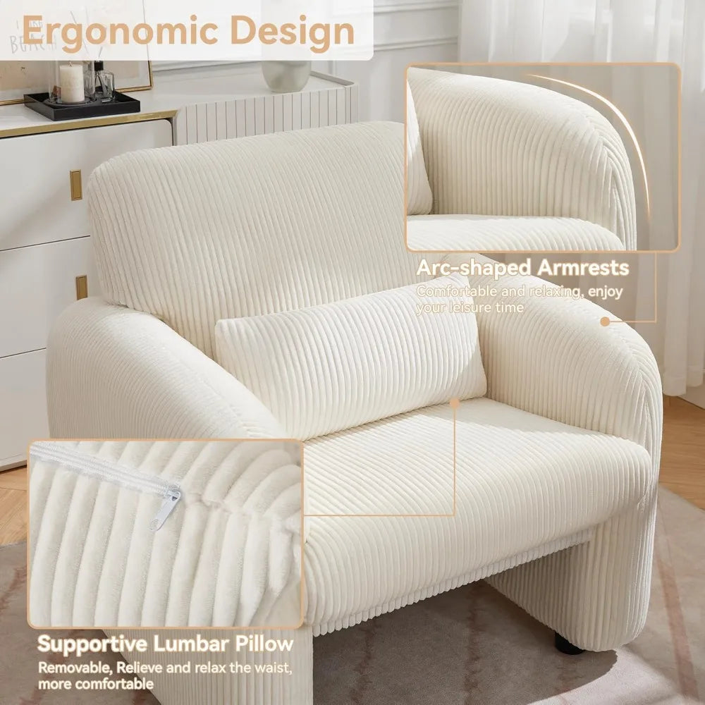 Corduroy Fabric Accent Chair, Modern Upholstered Living Room Chairs with Lumbar Pillow, Wide Comfy Leisure Armchair for Bedroom,