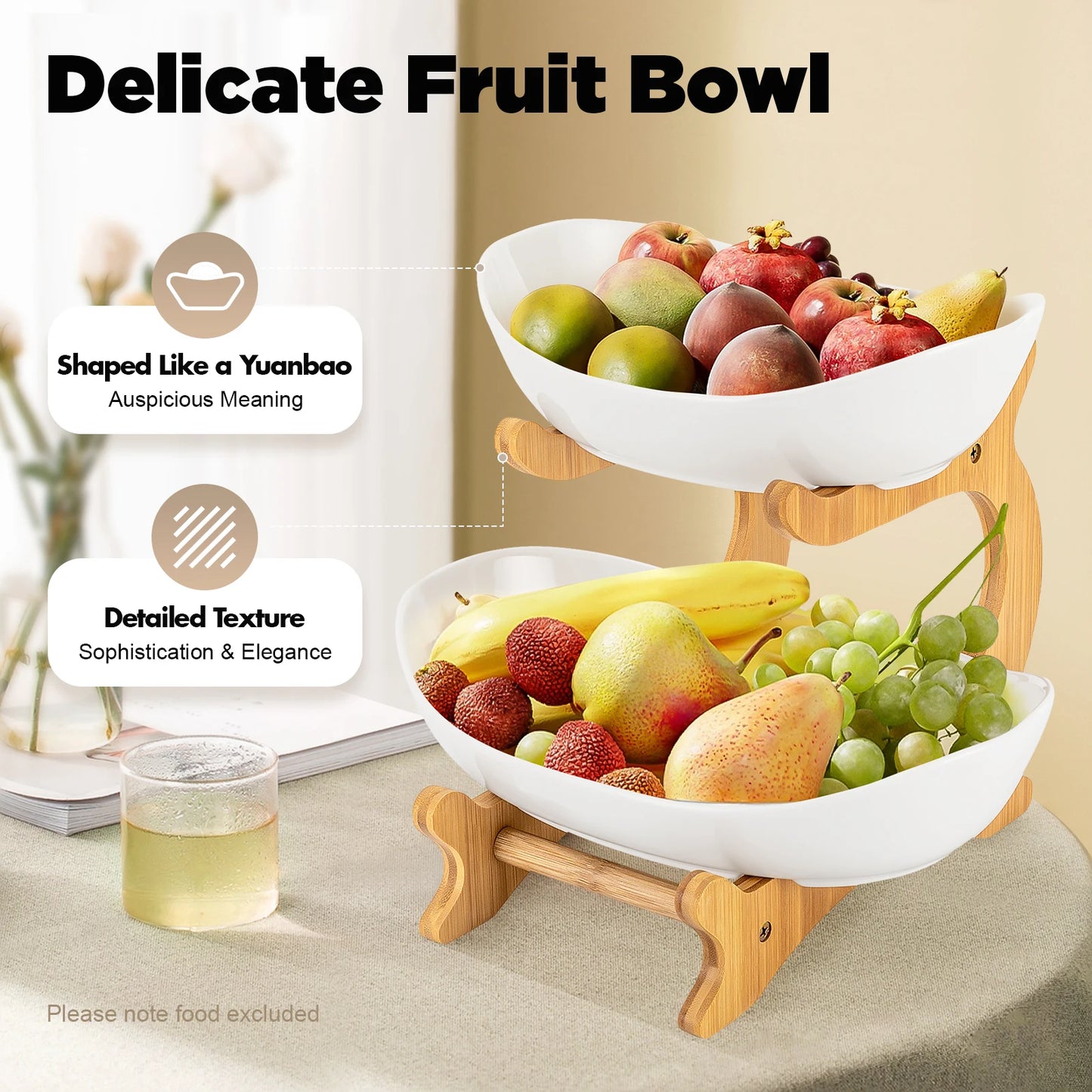 2-Tier Ceramic Fruit Bowl Set Fruit Basket Bamboo Frame & Lead-Free Glaze Fruit Display Bowl for Kitchen/Dining Table Decor