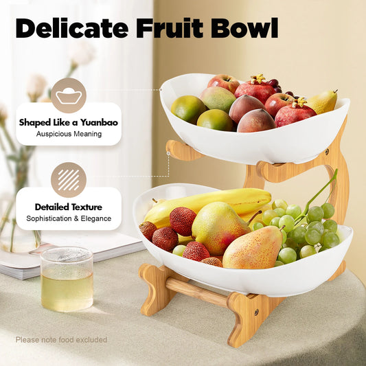 2-Tier Ceramic Fruit Bowl Set Fruit Basket Bamboo Frame & Lead-Free Glaze Fruit Display Bowl for Kitchen/Dining Table Decor