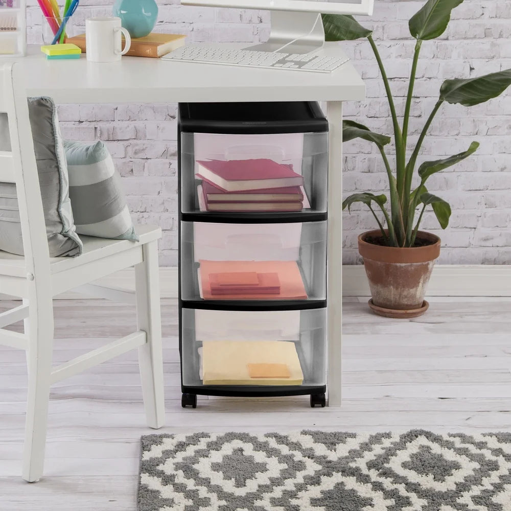 3 Drawer Plastic Storage Cart with Clear Drawers Rolling Organizer Portable Storage Solution Bedroom Bathroom Kitchen Crafts