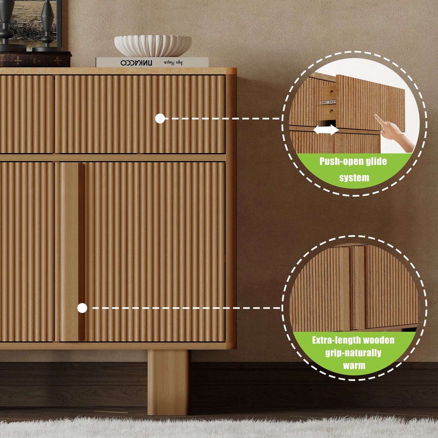 GEGOFORU 47" Sideboard Cabinet with 3 Drawers & 3 Doors, Modern Buffet with 2 Reinforced Legs for Kitchen/Living Room, Light Oak