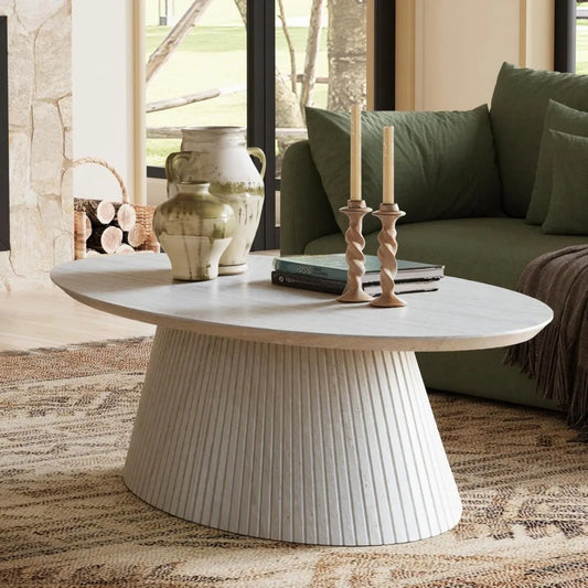 Oval Coffee Table, Modern Faux Stone Coffee Table with Fluted Design, Travertine Tea Table with Tapered Base, Minimalist