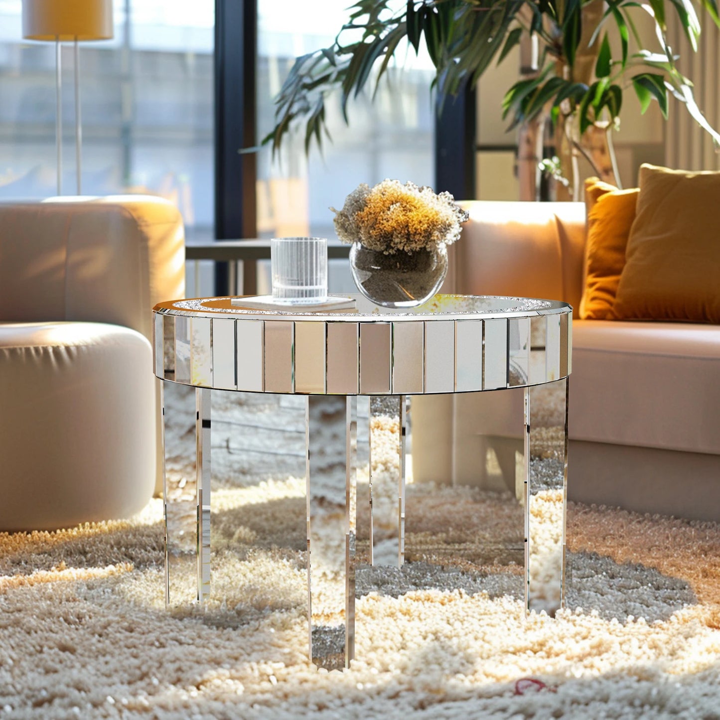 LUVODI Luxury Round Mirrored Side Table Crystal Inlay
