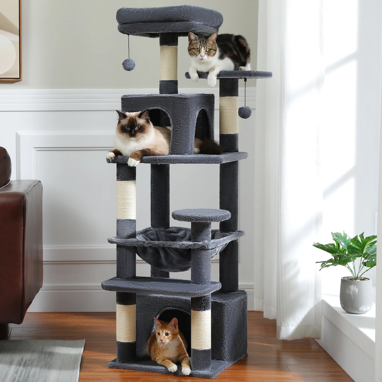 Delightful 6-Level Cat Tree Tower with Cozy Hammock and Pompoms