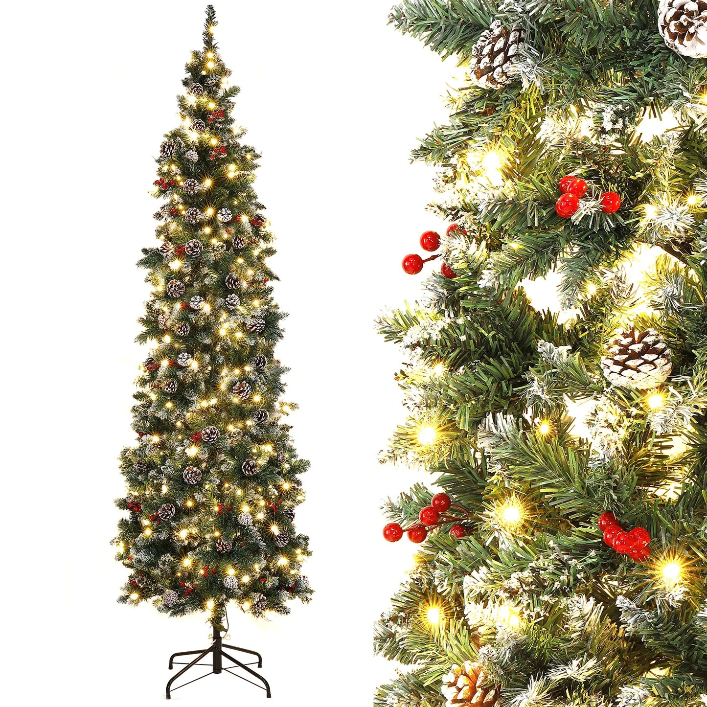 7.5 Ft Pre-Decorated Pencil Christmas Tree Pre-Lit Holiday Tree Warm White Lights with Clear Lights Collapsible 955 PVC Tips
