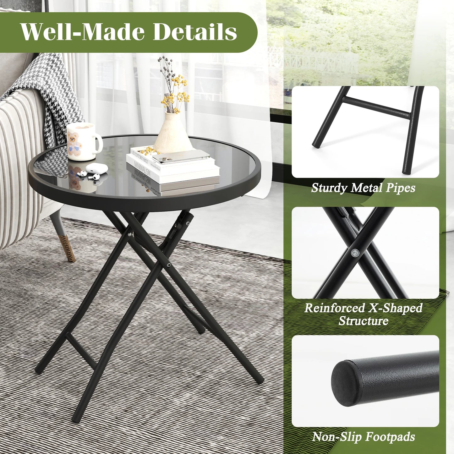 18" Folding Side Table Round Compact Coffee Table w/Tempered Glass Tabletop