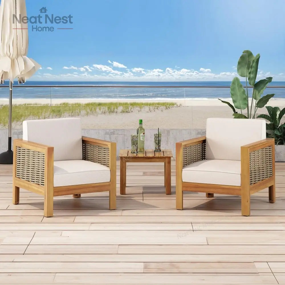 Outdoor Acacia Wood Club Chair with Wicker Accents, Teak Finish ,Mixed Brown,Beige,Patio Furniture Conversation Set for Backyard