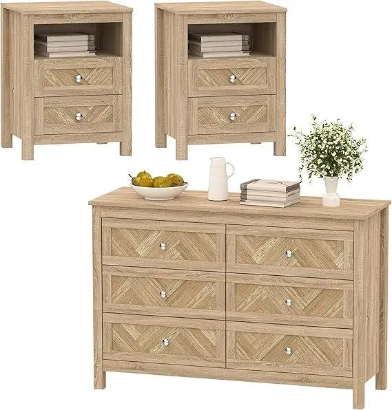 3 Pieces Bedroom Set with 6 Drawer Dresser and 2 Drawer Nightstands, Wooden Dresser and Nightstands for Living Room, Bedroom, Na