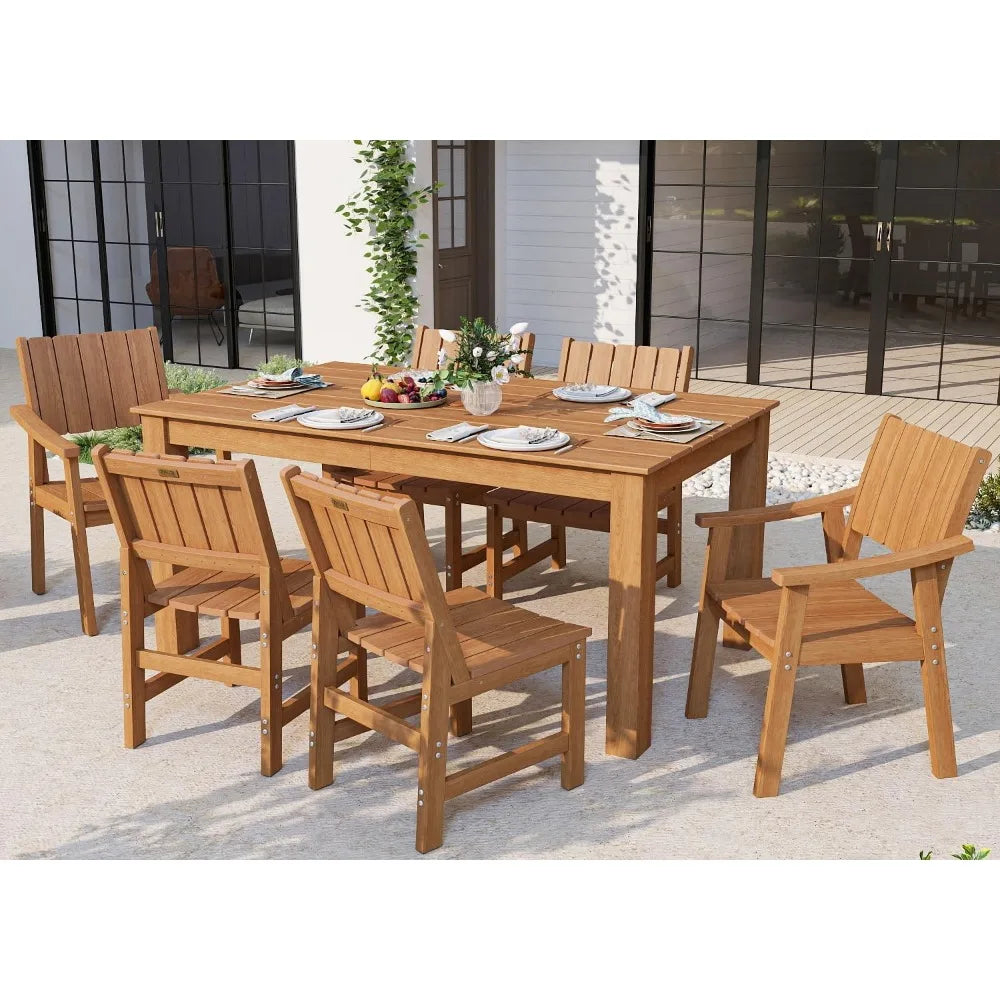 Outdoor Dining Set for 6,HDPE Rectangle Table and Chair, Weather-Resistant, Patio Furniture Sets with Umbrella Hole for Backyar